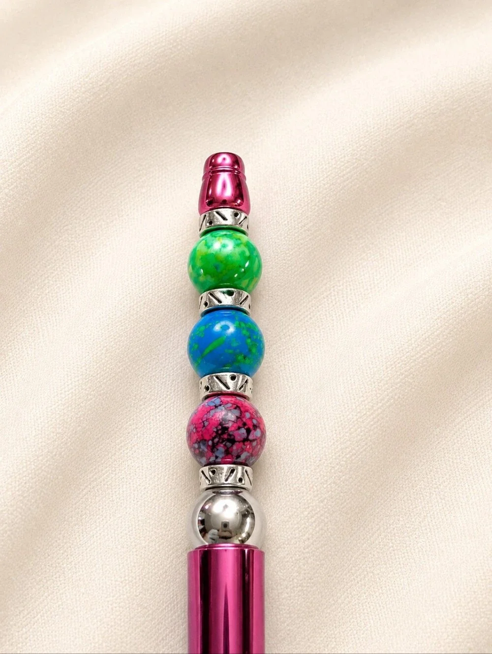 Handcrafted Pink Beaded Click Pen with Multicolor Accent Beads